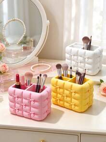 Milk Fufu Puff Cube Storage Organizer, 3D Quilted Soft Texture With Mini Bow Accents, Multi-Compartment Design For Makeup Tools, Storage Box And Cute Desktop Decor - Multicolor - View 11