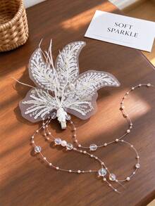 White Tulle Feather Pearl Rhinestone Hair Clip, Bridal Wedding Tassel Long Side Hair Accessory - Multicolor - View 6