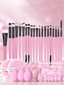 42PCS Makeup Tools Kit, 20PCS Soft Makeup Brushes Set, Synthetic Brushes For Powder, Foundation, Eyeshadow,& Lip, With Makeup Sponges, Triangle Powder Puffs, Mini Powder Puffs, Bow Hairband, Skincare Headband, Complete Cosmetic Tools For Daily Makeup - Pink - View 12