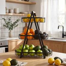 Super life A 2/3-Tier Metal Fruit Basket With A Wooden Handle-A Multi-Level Countertop Organizer For Fruits And Vegetables, Or A Farmhouse-Style Rack For Bread And Snacks, Perfect For Kitchen Countertops. - Black - View 4