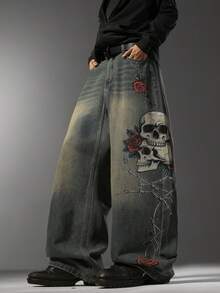 Men's Hong Kong Retro Washed Distressed Wide Leg Jeans, Niche Print On Side Seams & Back Pockets, Loose Daily All-Season Pants (No Belt & Accessories) - Blue - View 1