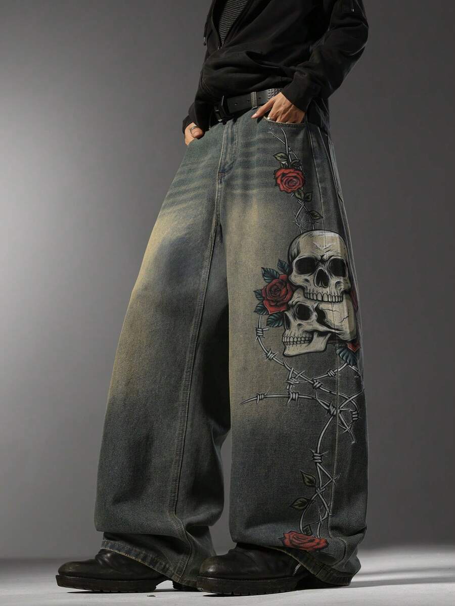 Men's Hong Kong Retro Washed Distressed Wide Leg Jeans, Niche Print On Side Seams & Back Pockets, Loose Daily All-Season Pants (No Belt & Accessories) - Blue - View 1