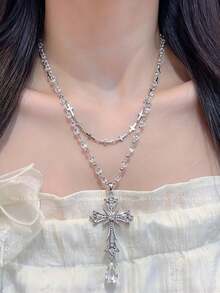 1pc Y2K Gothic Double Layer Crystal Bead Cross Rhinestone Water Drop Pendant Necklace, Layerable For Women And Girls, Punk Streetwear, Nightclub Party, Daily Dating, Hip Hop Dark Style Neck Accessory - Cross Pendant Necklace - View 3