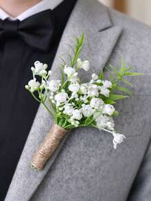 1pc Starry Wedding Chest Flower,Simple Hemp Rope Wrapped White Flower Brooch, Groom's Dress Collar Brooch,Graduation Ceremony Wedding Party Decoration - Multicolor - View 3