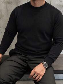 Plus Size Half Mock Neck Knit Sweater, Black Long Sleeve Basic Layering Sweater For Men, Autumn/Winter - Black - View 6