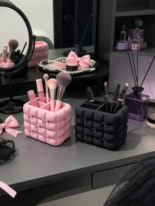 Milk Fufu Puff Cube Storage Organizer, 3D Quilted Soft Texture With Mini Bow Accents, Multi-Compartment Design For Makeup Tools, Storage Box And Cute Desktop Decor - Multicolor - View 7
