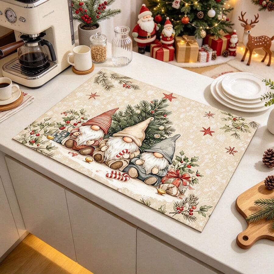 1pc Dish Drying Mat, Coffee Machine Mat, Red Christmas Theme Print With Double Santa Claus, Reindeer, Gift, Christmas Tree, Snowflake Patterns, Highly Absorbent, Suitable For Dining Table, Cafe And Other Scenes, Enhances Holiday Atmosphere, Multi-Purpose Drainage Mat, Home Gift, Tabletop Decoration