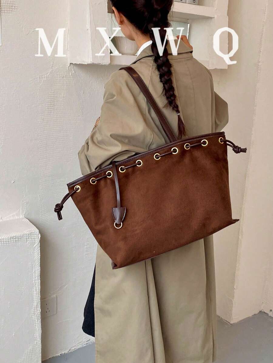 Autumn/Winter Vintage Brushed PU Shoulder Bag With Drawstring Hole Decor, Large Capacity Commuter Tote Bag - Coffee - View 1