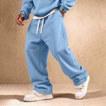 Men's Sports Long Pants Comfortable Casual Breathable Solid Color Versatile Straight Leg Pants, Side Pockets, Spring/Autumn Comfortable Style, Sports Style Long Pants, Knitted Fabric, Durable Material - Baby Blue - View 2