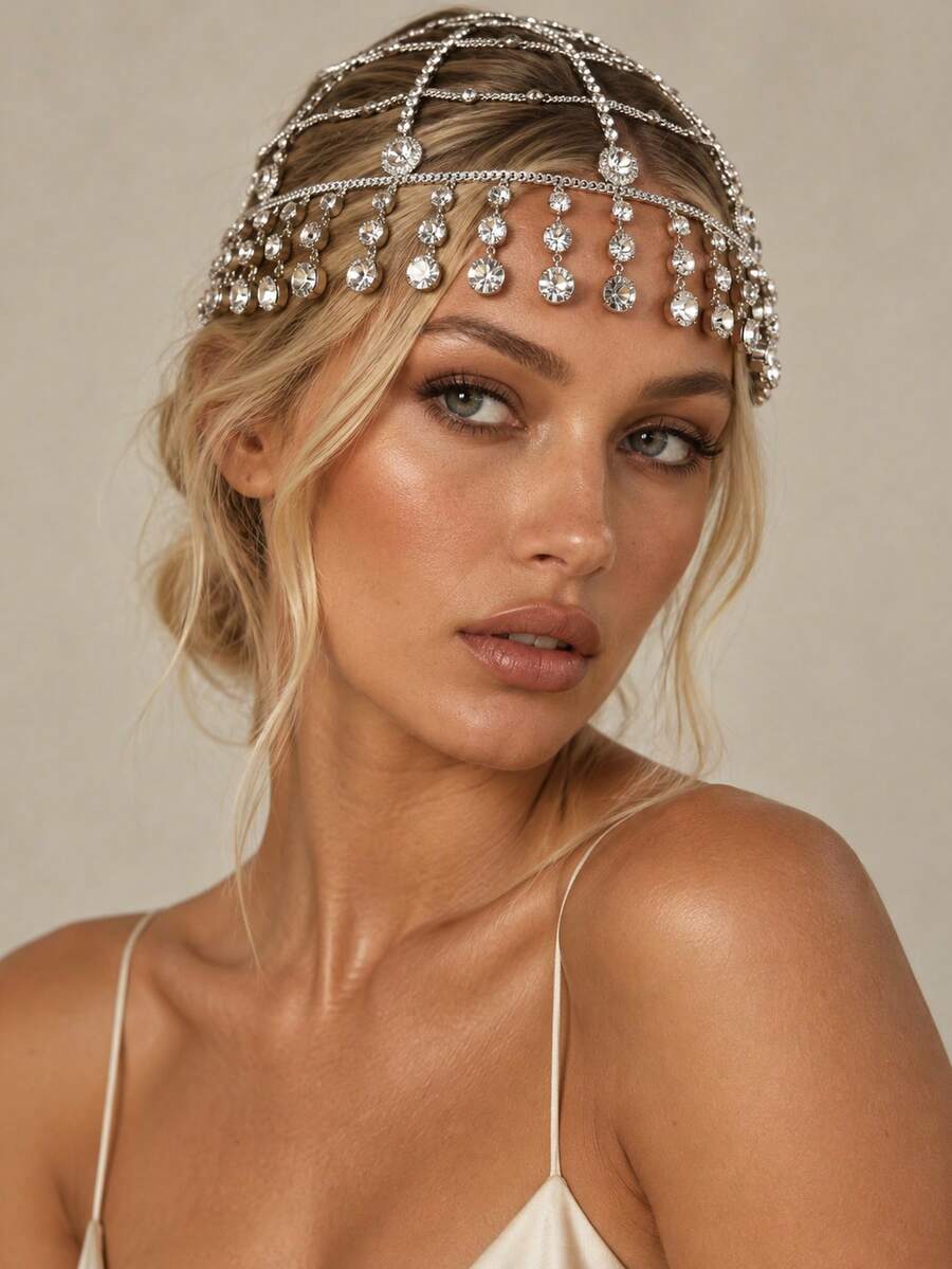 STONEFANS 1pc European And American New Style Tassel Hair Chain Exaggerated Heavy Rhinestone Hat Stage Performance Fashion Party Vintage Headpiece - Silver - View 1