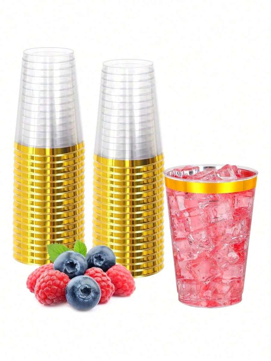 10PCS Gold Rim Cups, 6.76oz, 200ml Clear Flat Bottom Cups, Summer Iced Tea Cups, Elegant Gold Rim Cups, With Gold Edge, Perfect For Wedding, Thanksgiving, Christmas Flat Bottom Cups With Gold Edge, Suitable For Wedding Elegant Party Cups - Gold - View 1