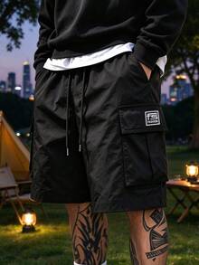 [High Street] Minimalist Multi-Pocket Solid Color Functional Cargo Shorts, Straight Leg Casual Shorts, Adjustable Drawstring Waist, Sports Summer Style - Black - View 2