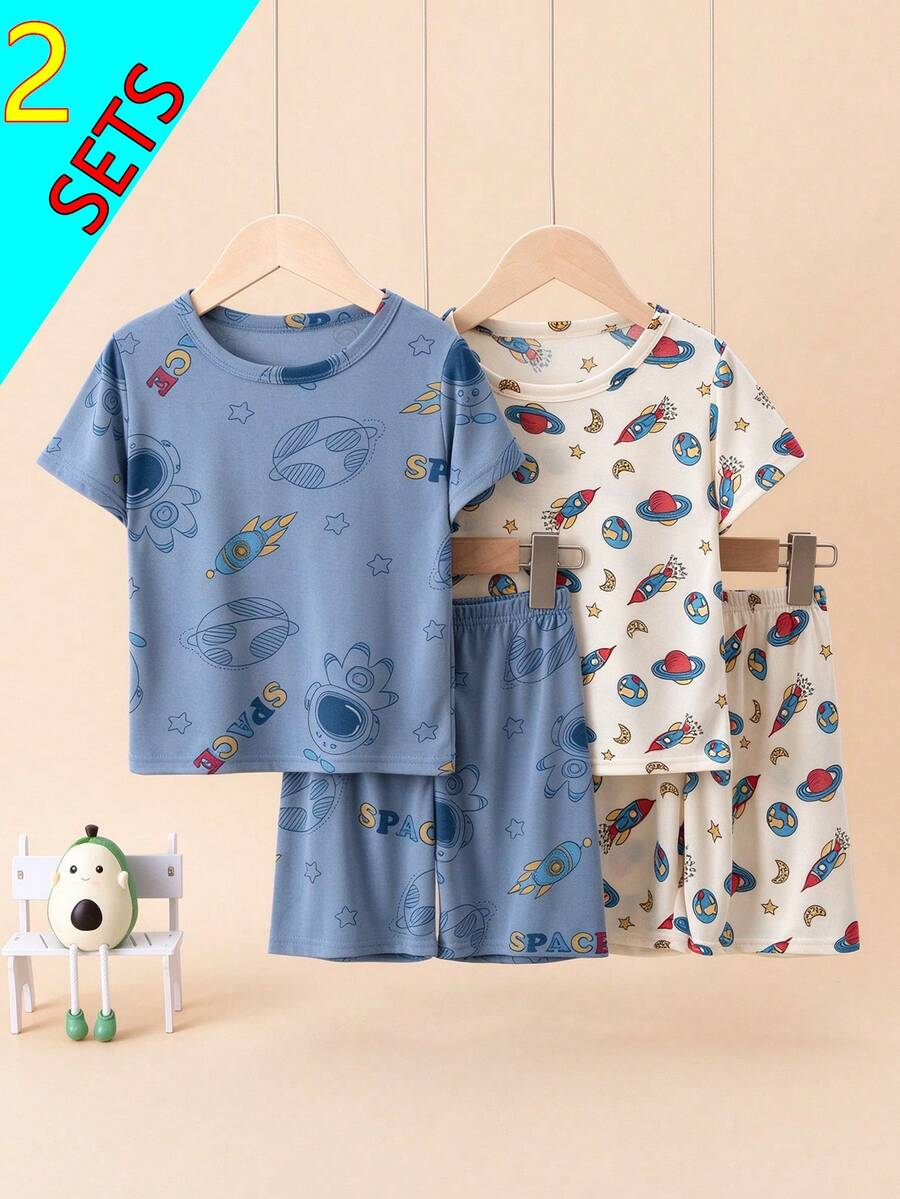 4pcs/Set Kids Space Theme Short Sleeve T-Shirt And Shorts Pajamas Set, Cartoon Astronaut Print