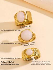 3pcs Stainless Steel Gold-Plated Pink & White Stone Open Ring Set, Oval & Round Stone Inlaid Wide Band Adjustable Rings, Luxury Decorative Jewelry - Baby Pink - View 3