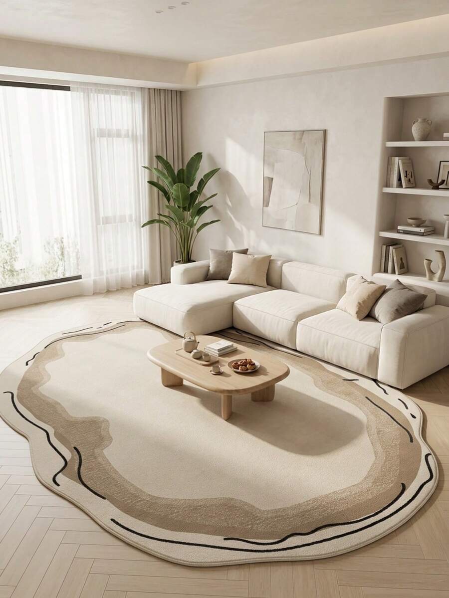 1PC Beige Abstract Line Border Pattern Living Room Rug, Modern Minimalist Wabi-Sabi Style Art Faux Cashmere Asymmetrical Wavy Shape Machine Washable Area Rug, Suitable For Daily Home/Housewarming/All Seasons Large Size Floor Mat, Aesthetic Home Decor - Multicolor - View 1