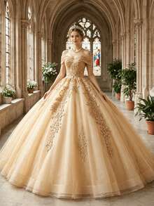 European Court Style Champagne Gold Cold Shoulder Heavy Beaded Full Skirt Wedding Dress, Formal Evening Gown For Girls And Adults, Graduation Prom, Formal Dinner, Wedding Bridesmaid Dress - Gold - View 2