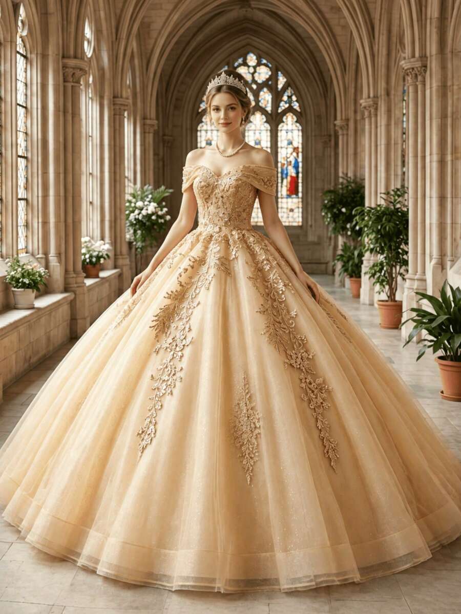 European Court Style Champagne Gold Cold Shoulder Heavy Beaded Full Skirt Wedding Dress, Formal Evening Gown For Girls And Adults, Graduation Prom, Formal Dinner, Wedding Bridesmaid Dress