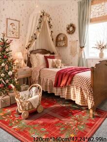 1pc Christmas Tree, Bow And Bell Pattern Red Plaid Runner Rug, Non-Slip And Washable, Perfect For Living Room, Bedroom, Hallway, Indoor And Outdoor Use, Easily Create Cozy Christmas Home Decor And Room Decoration - Red - View 12
