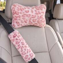 2pcs/Set Fashion Leopard Print Plush Car Headrest & Shoulder Pillow Set, Soft Plush Neck Pillow, All Season Use - A - View 1