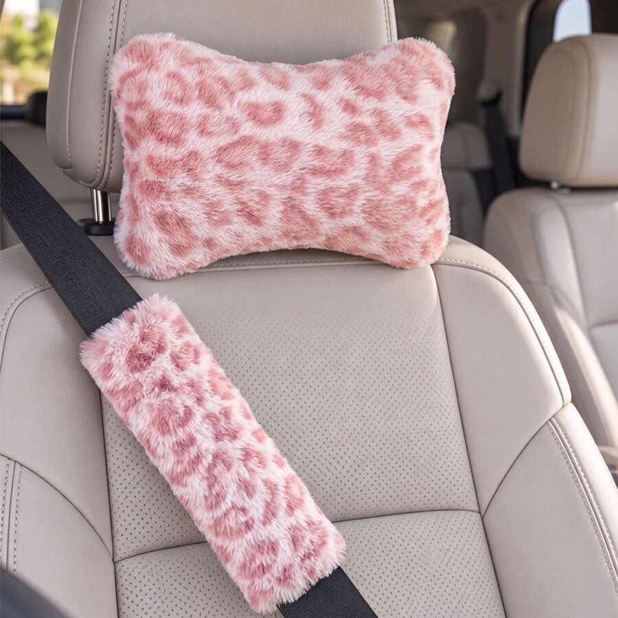 2pcs/Set Fashion Leopard Print Plush Car Headrest & Shoulder Pillow Set, Soft Plush Neck Pillow, All Season Use - A - View 1