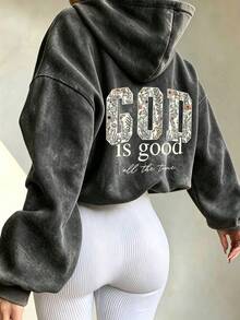 Plus SizeUnisex Vintage Washed Sweatshirt, Floral Slogan Back Print Loose Long Sleeve Casual Pullover, Autumn/Winter Black Fall - Black - View 9