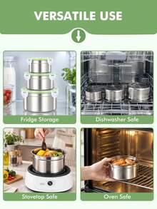 Meoky 3Pcs 304 Stainless Steel Round Food Storage Containers With Lids, Stackable Sealed Box, Refrigerator Organizer, Outdoor Picnic & School Lunch Meal Prep Box(Green Cap) - Green Ring Transparent Lid - 3-piece Set - View 7