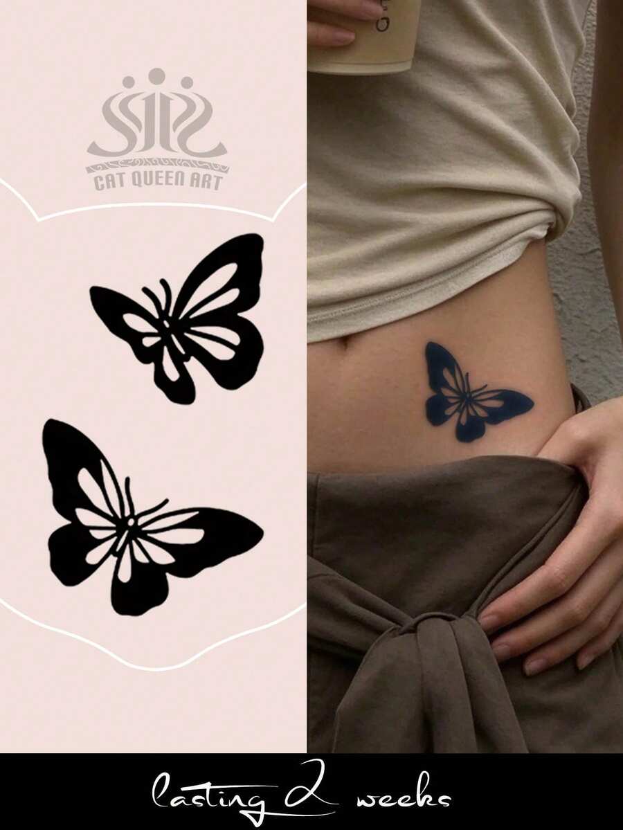 1pc Herbal Juice Semi-Permanent Magic Tattoo Sticker, Minimalist Aesthetic Hollow Butterfly Design, Long-Lasting 14 Days, Non-Fading, Non-Reflective, Temporary Body Tattoo Sticker For Arm, Waist, Abdomen - Blue - View 1