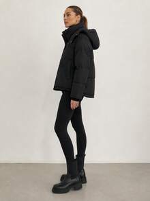 Women's Autumn Winter Puffer Jacket With Fixed Hood, Stand Collar, Synthetic Down, Zip And Snap Fastening, Hip Length - Black - View 2