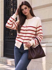 Women's Round Neck Ribbed Stripes Long Sleeves Cardigan Style Office Daily Commuting Wear Seasonal Fashion Casual Outings Knitted Sweater, Fall Winter - Multicolor - View 1