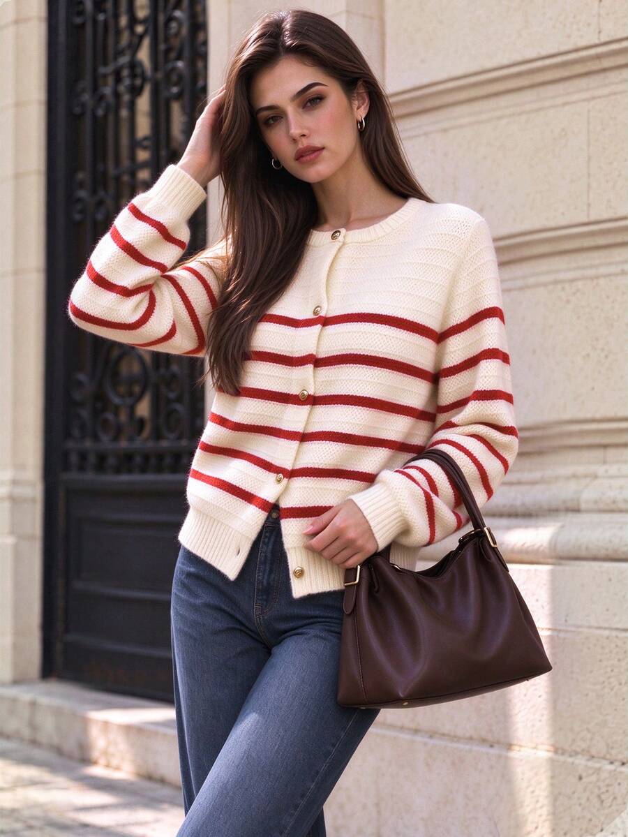 Women's Round Neck Ribbed Stripes Long Sleeves Cardigan Style Office Daily Commuting Wear Seasonal Fashion Casual Outings Knitted Sweater, Fall Winter - Multicolor - View 1