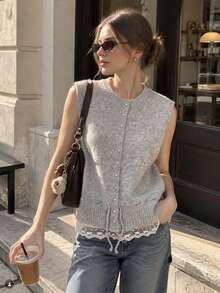 Women's Sleeveless Round Neck Knit Top With Pearl Buttons And Drawstring Hem, Fashionable Contrast Lace Layering Vest, Perfect For Fall Casual Wear - Light Grey - View 5