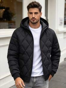 1pc Men's Autumn/Winter Hooded Diamond Quilted Jacket, Zipper Closure, Ribbed Hem, Lightweight Casual Outerwear - Black - View 1