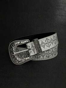 1pc Vintage Western Rivet Belt, Silver Retro Embossed Metal Buckle, Niche Minimalist Fashion Waist Belt - Multicolor - View 7