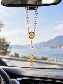1pc Car Rearview Mirror Hanging Ornament, Crystal Beaded Car Rearview Mirror Pendant, Cross Virgin Mary Religious Style Car Interior Decoration - A - View 13