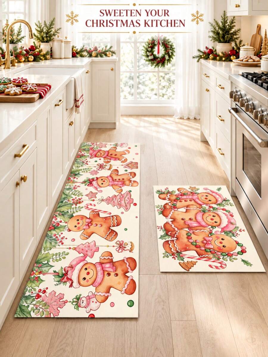 1/2pcs Christmas Kitchen Decor Rug, Gingerbread Man Pattern Design Winter Kitchen Carpet And Mat, Non-Slip Washable Absorbent Kitchen Accessories Decorative Mat, Christmas Holiday Gift! - Multicolor - View 1