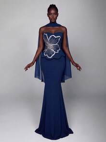 Elegant Cold Shoulder Beaded Collar Formal Dress, Sequin Floral Design, Flared Hem, Suitable For Prom And Party - Royal Blue - View 5