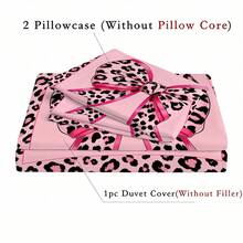 3pcs Pink Leopard Print Bow Pattern Duvet Cover Set (1 Duvet Cover + 2 Pillowcases, No Fill), Soft & Breathable Fabric, Machine Washable, Suitable For All Seasons, Bedroom And Guest Room Bedding Decor - Multicolor - View 3