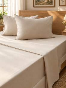 4pcs/Set, 100% Polyester, Solid Color, 35cm Deep Pocket Fitted Sheet, Bedding Set (2 Pillowcases + 1 Flat Sheet + 1 Fitted Sheet), All-Season Modern Bedding Set, Minimalist Style, Soft And Comfortable, Breathable - Light Khaki - View 1