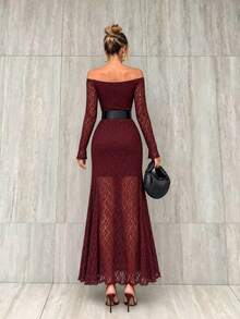 Fashionable Women's Burgundy Cold Shoulder Lace Mid-Length Dress, Perfect For Parties Or Formal Occasions, Slimming Fit Dress - Burgundy - View 8