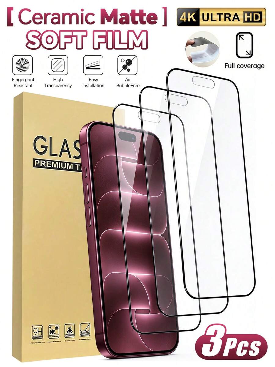 3片裝 [2026新款] 陶瓷螢幕保護貼 適用於 iPhone 18 Pro Max/18 Pro/17 Pro/17 Pro Max/17 Air/17/16E/16 Pro/Duo，霧面高畫質、柔軟防指紋、抗眩光、耐衝擊、全螢幕覆蓋、無氣泡、易安裝 - 無色 - 查看 1