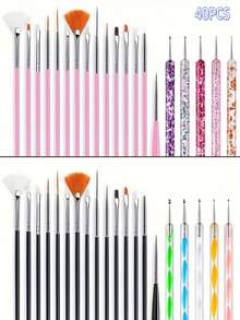 40Pcs Nail Art Tool Set, Including Nail Brushes And Double-Ended Dotting Pens, For Nail Painting, Detailing, Dotting And Gem Application - Multicolor - View 1