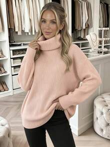 Women's Casual Pink Sweater, Fashion Minimalist Solid Color Knitted Turtleneck Pullover, Autumn/Winter - Pink - View 3