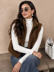 Plus Size Women's Brown Teddy Fleece Zipper Stand Collar Sleeveless Short Warm Vest Jacket, Autumn/Winter - Brown - View 2