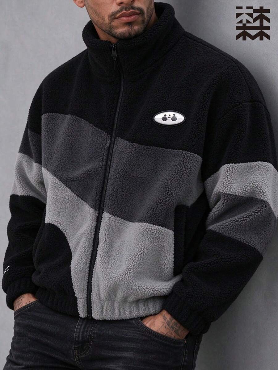 MULINSEN Men's Stand Collar Zip-Up Colorblock Fleece Jacket, Loose Warm Teddy Fleece Outerwear, Casual Streetwear - Black - View 1
