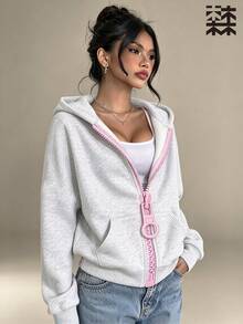 mulinsen Designer Oversized Pink Zip-Up Hooded Sweatshirt For Women, Floral Grey Thermal Lined Casual Jacket - White - View 6