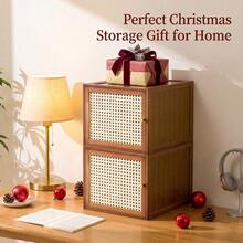 Rattan Style Stackable Storage Cabinet With Wicker Door, Desktop Organizer With Pin Type Stacking, Modern Office & Bedroom Drawer Chest, Christmas & New Year Home Gift - Brown - View 4