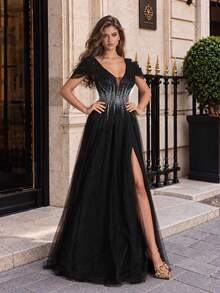 VIPGIRL Long Elegant Sequin Mesh Champagne Color High Slit Formal Evening Gown For Women - Black - View 5