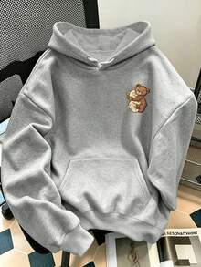 Women's Plus-Size Fall/Winter Pullover Hoodie – Casual Everyday Wear, Featuring A Cute Bear Print, Drawstring, And Pockets – Graphic Top For Women - Grey - View 2
