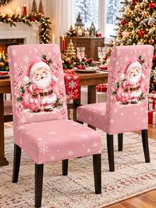 1PC/2PCS/4PCS/6PCS Blush Pink Christmas Chair Covers, Santa Claus Snowflake Berry Print High Back Dining Chair Slipcovers, Cute Girly Holiday Chair Decor For Christmas Party, Family Dinner & Winter Season - A - View 13