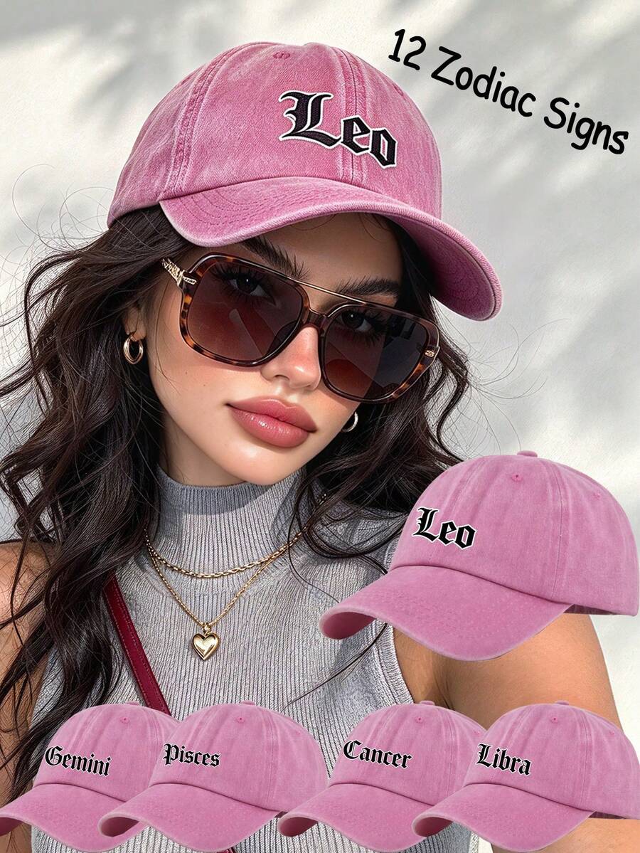 1Pc 12 Zodiac Signs Vintage Washed Baseball Cap, Vintage Gothic Letter Print Pink Dad Hat, Adjustable Unisex Casual Cap, Holiday Party Daily Accessory - Pink - View 1